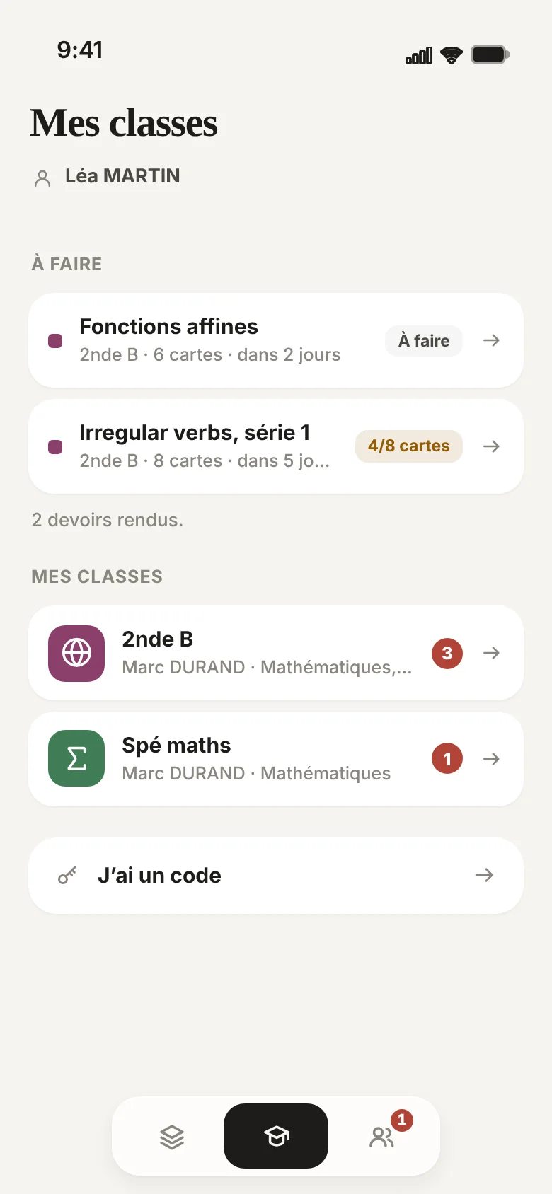 L’espace élève sur téléphone : ses devoirs à faire et ses classes