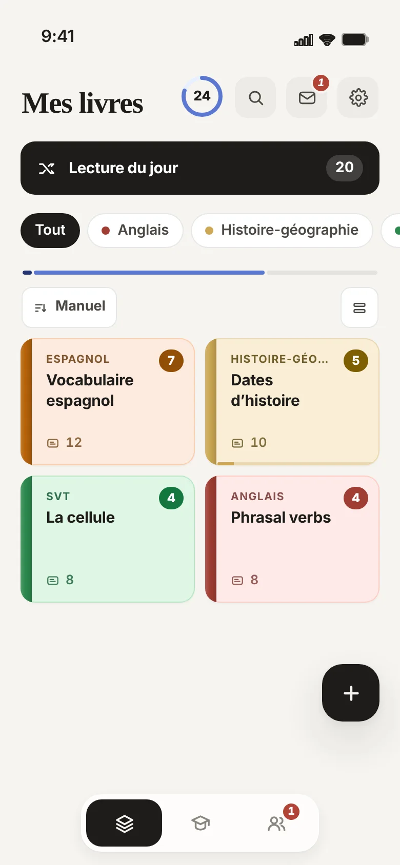 Mirandola sur téléphone : la bibliothèque d’un élève, ses livres rangés par matière et la lecture du jour