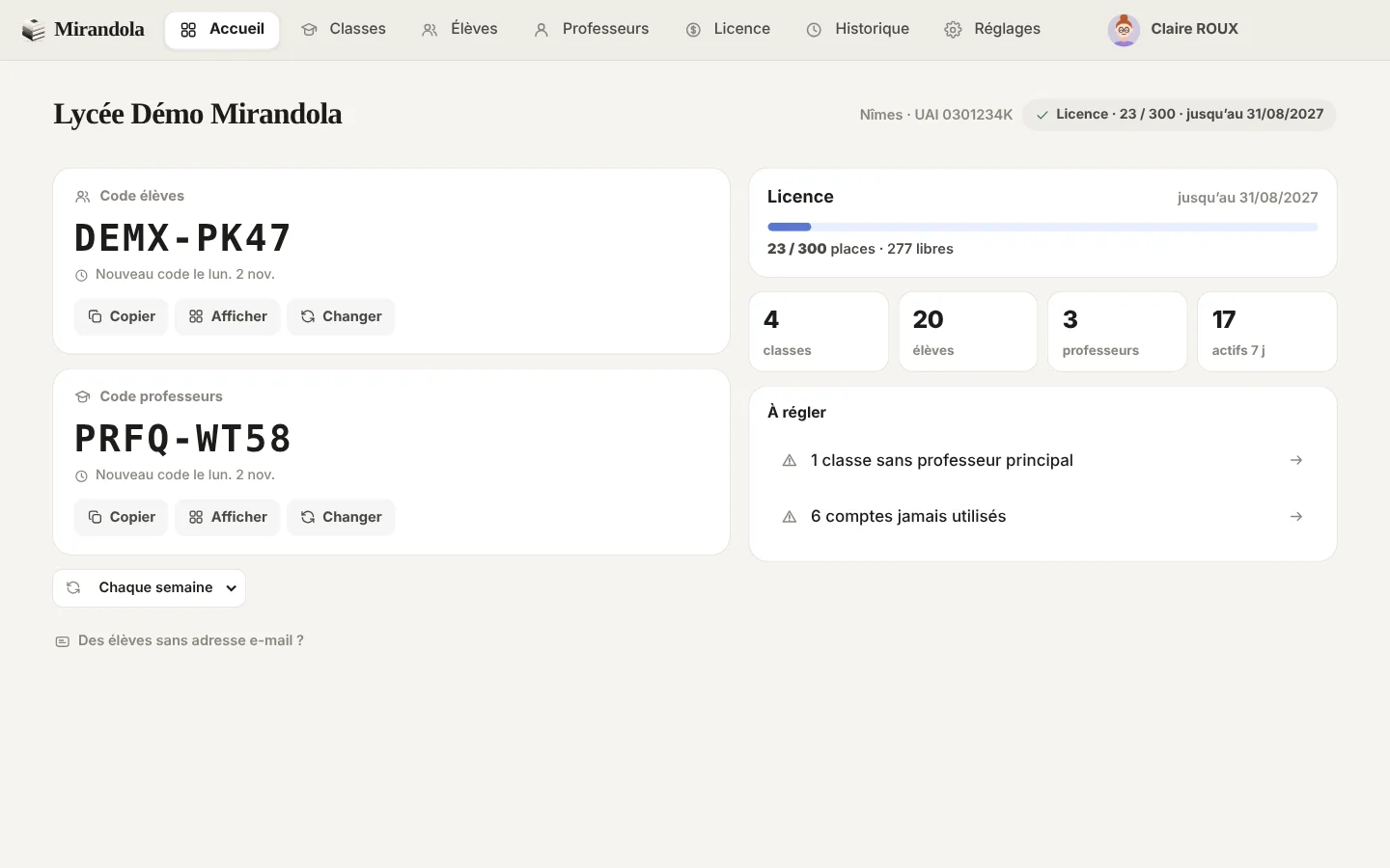 La console du référent de l’établissement : les codes, la licence, les classes et les comptes